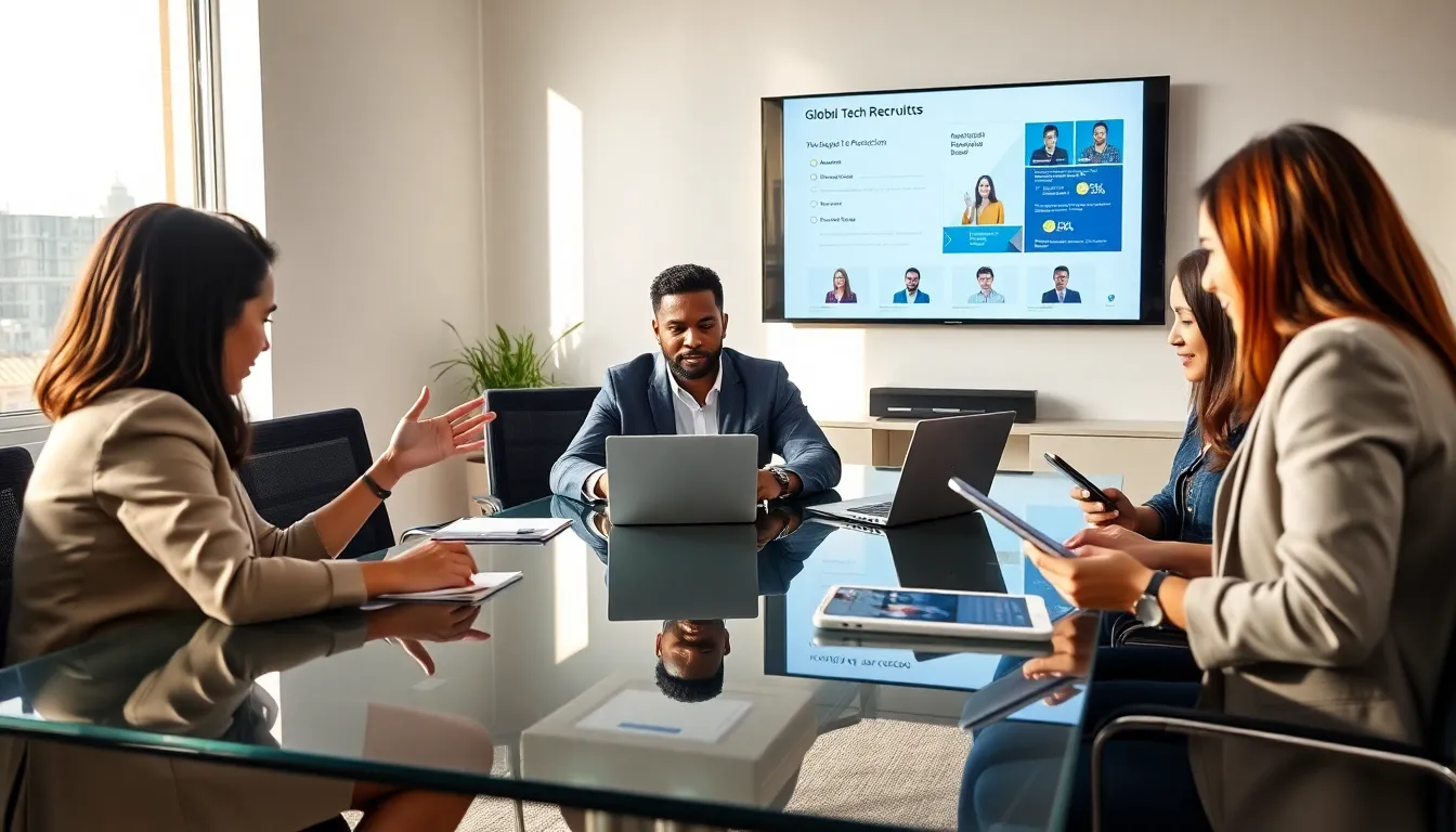 diverse team of global tech recruiters in a modern office meeting.